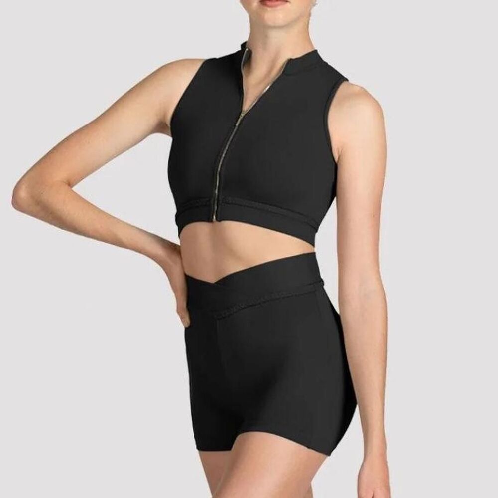 Bloch Mirella Miami Zip Front Crop Top Dance Dancewear Black and Gold NWT